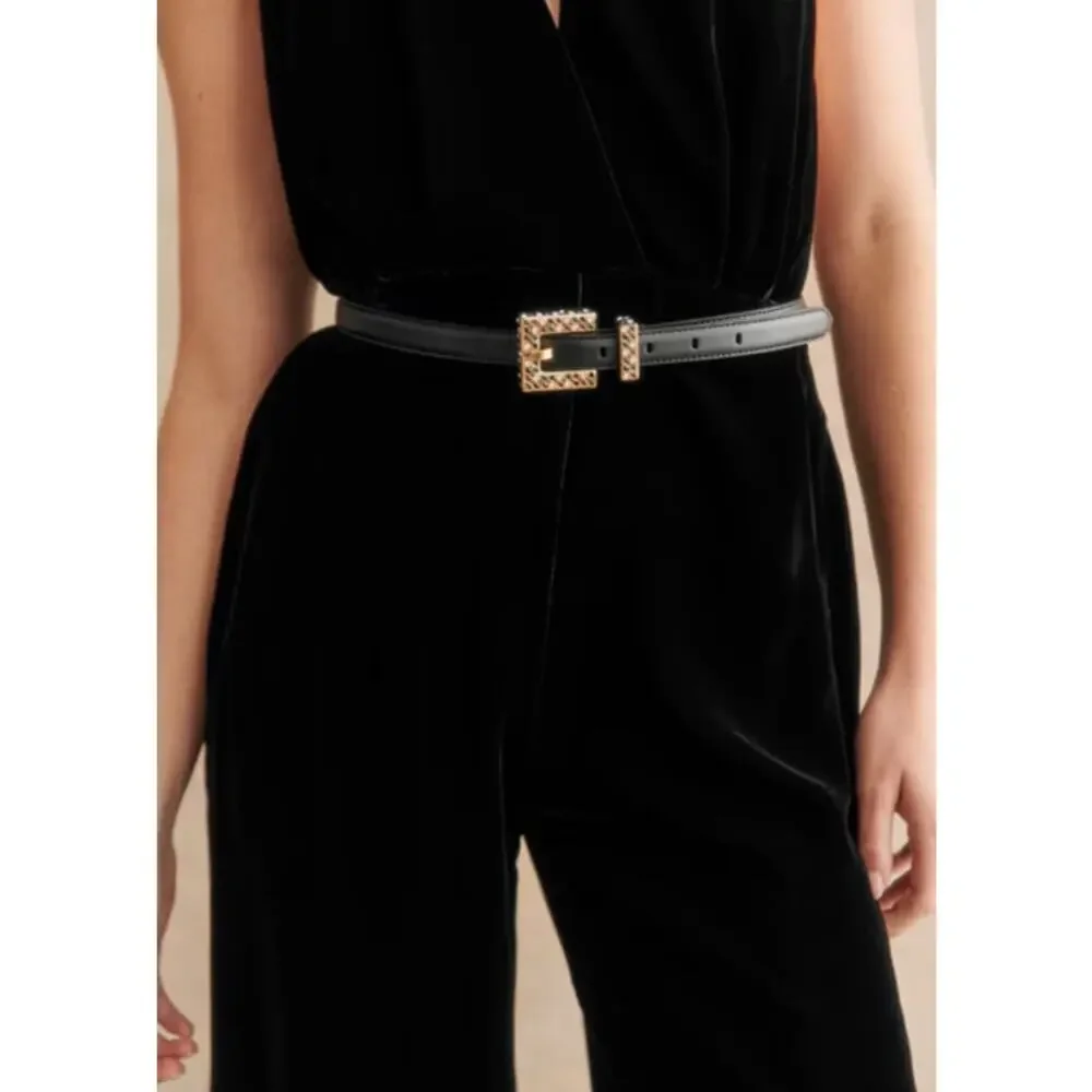 Sezane Charline Cow Leather Multicolor Crystal Gold Buckle Belt Black